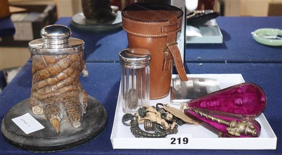 A crocodile foot inkwell, 1915 (ex: Col Fooks), horn cups (ex: Schiffner) and sundries